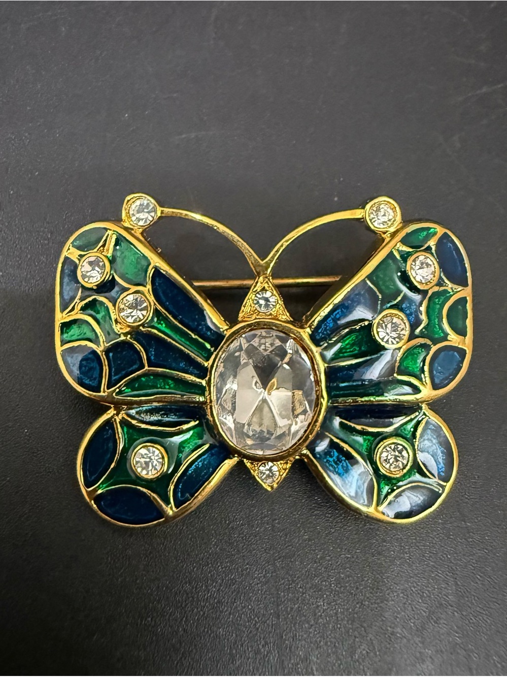 Vintage Regency Accessories Gold-tone RhinestonesEnameled Green Butterfly Brooch